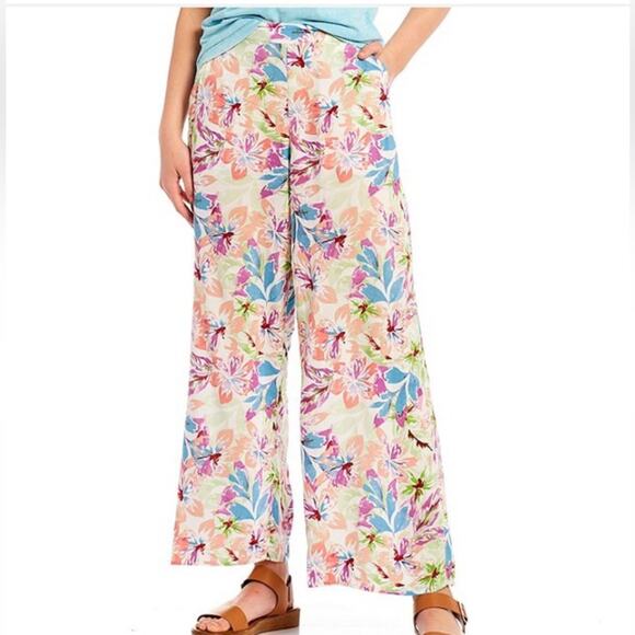 Roxy Midnight Avenue High Floral Print Wide Leg Pants Size large Blue Cream Pink - Picture 1 of 10
